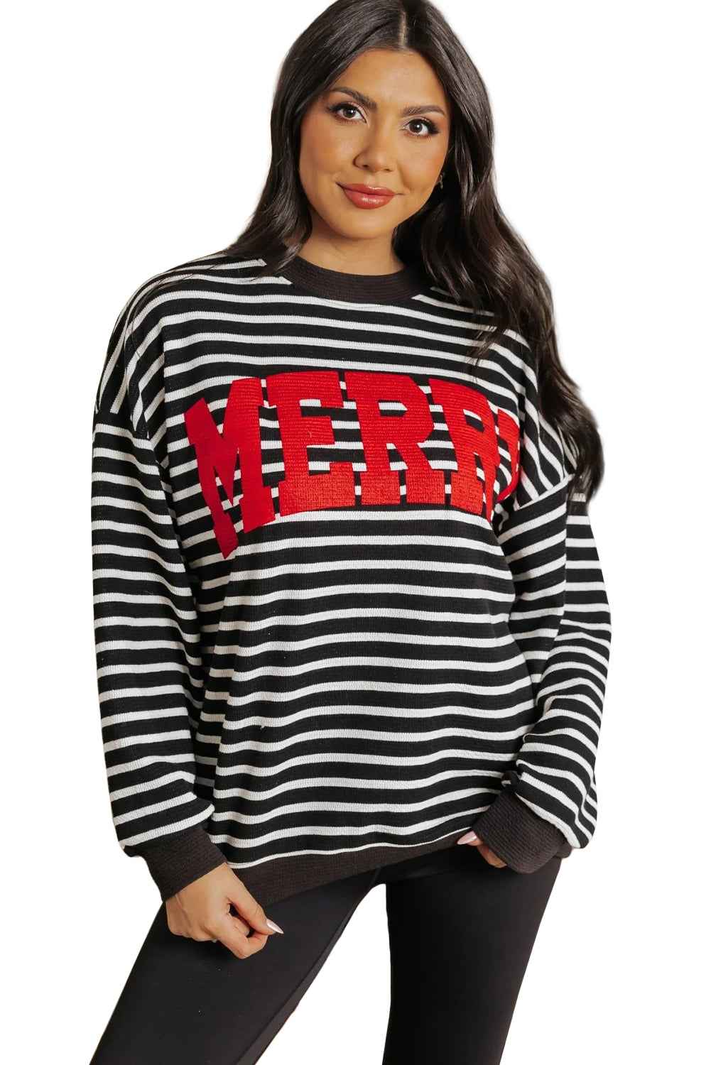 Black Stripe MERRY Letter Print Christmas Sweatshirt 8f007610354c3579