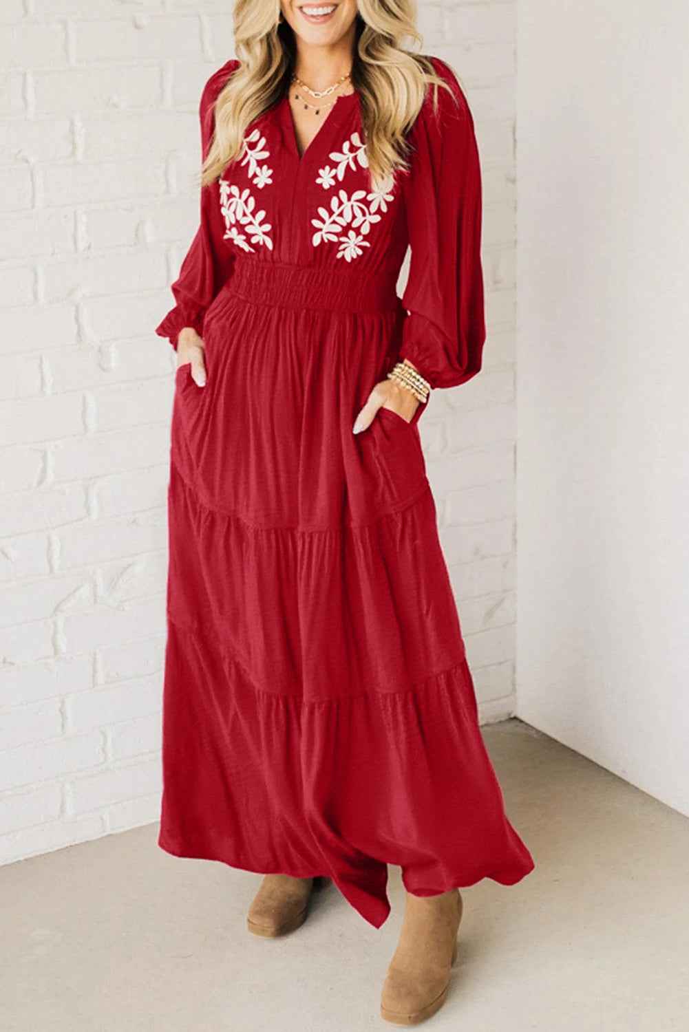 Racing Red Contrast Embroidered Detail Cinched Waist Tiered Long Sleeve Maxi Dress Racing Red 100%Polyester 8f03da80a623a020