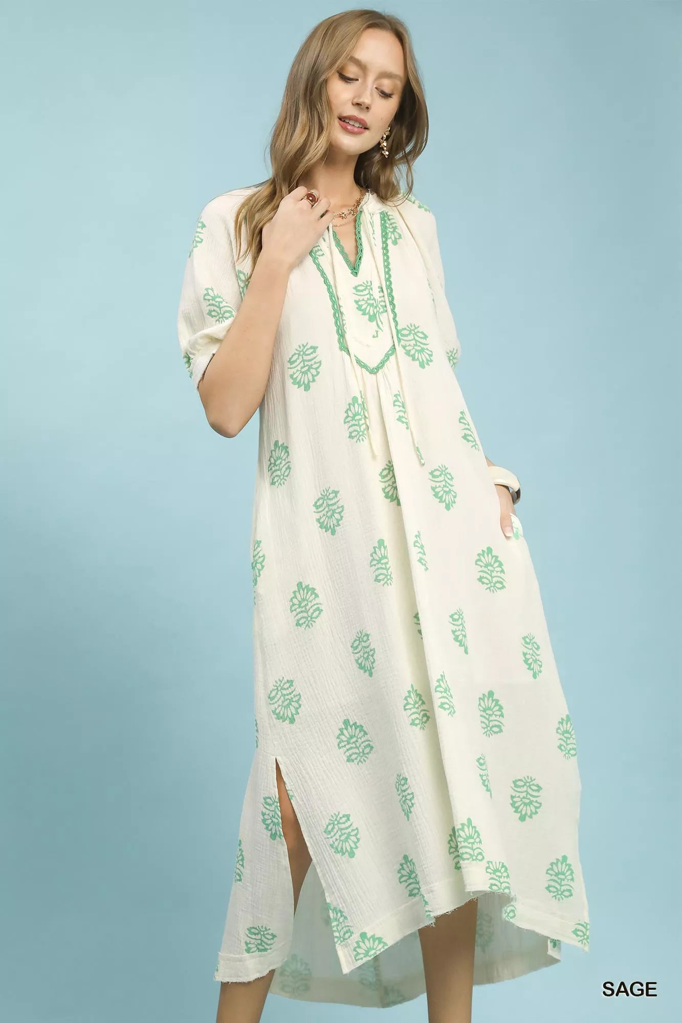 Umgee Printed Cotton Gauze Midi Dress SAGE 8f08566a-2b0b-4185-9965-15fb2e5c3b6b-Max-Origin
