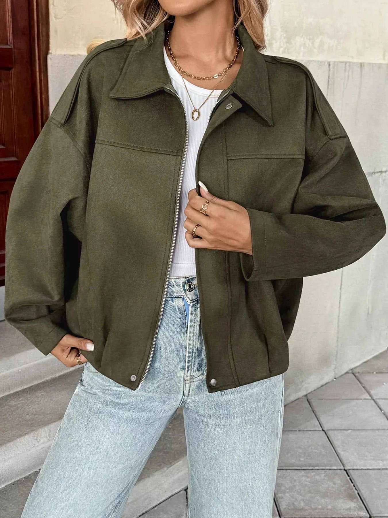 Zip Up Drop Shoulder Jacket Army Green 8f14896b94574b7b9ab024ea15d2f595-Max-Origin