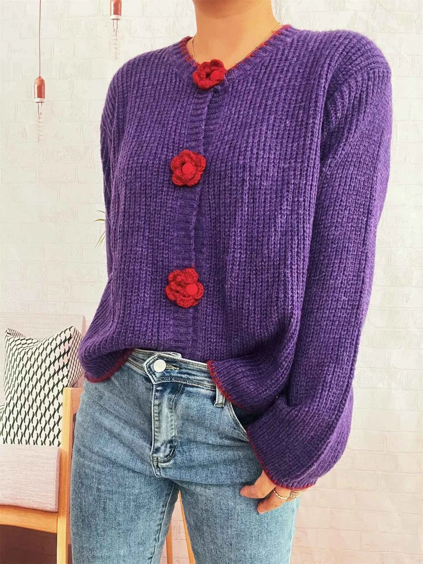 Flower Button Long Sleeve Cardigan 8f14c15f694340bab28661366c7ab33e-Max-Origin
