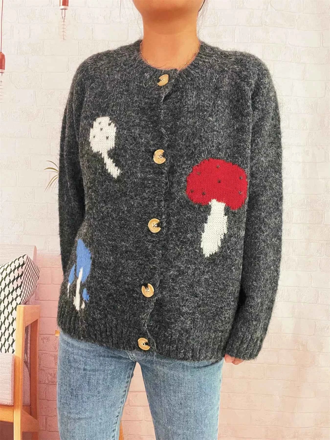 Mushroom Pattern Button-Up Cozy Knit Cardigan Dark Gray One Size 8f1a44c81a44483394cca74a4ddf5b24-Max-Origin