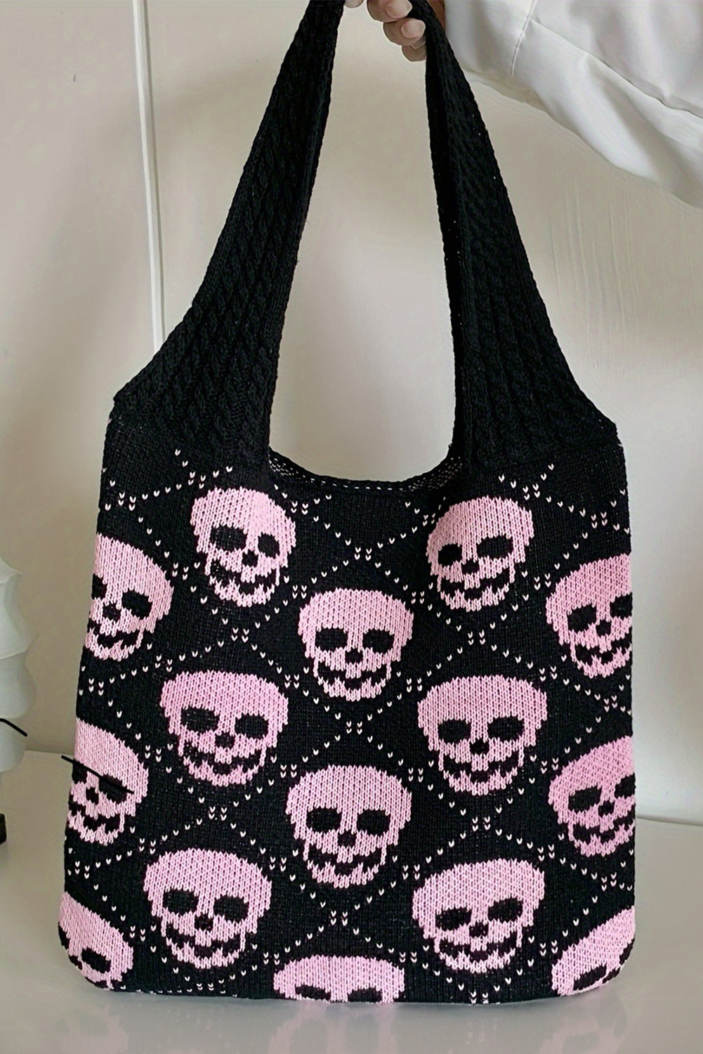 Black Plaid Skull Knit Tote Bag 8f1ec853b8018e7c