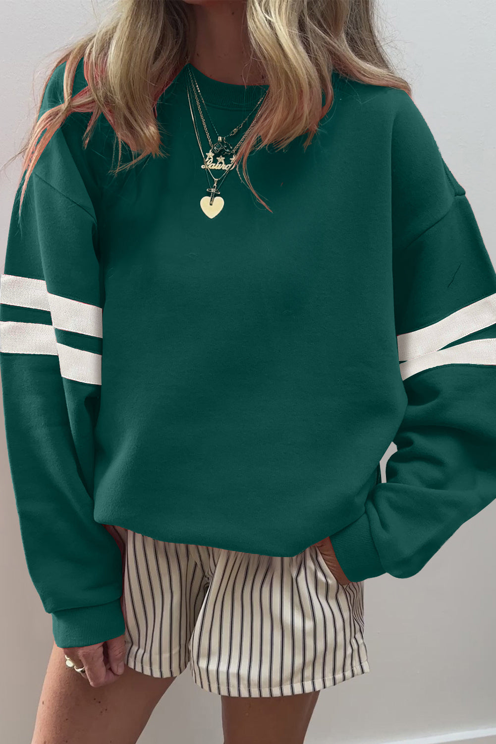Orange Preppy Striped Sleeve Loose Sweatshirt Evergreen 65%Polyester+35%Cotton 8f2bbeee014741a2