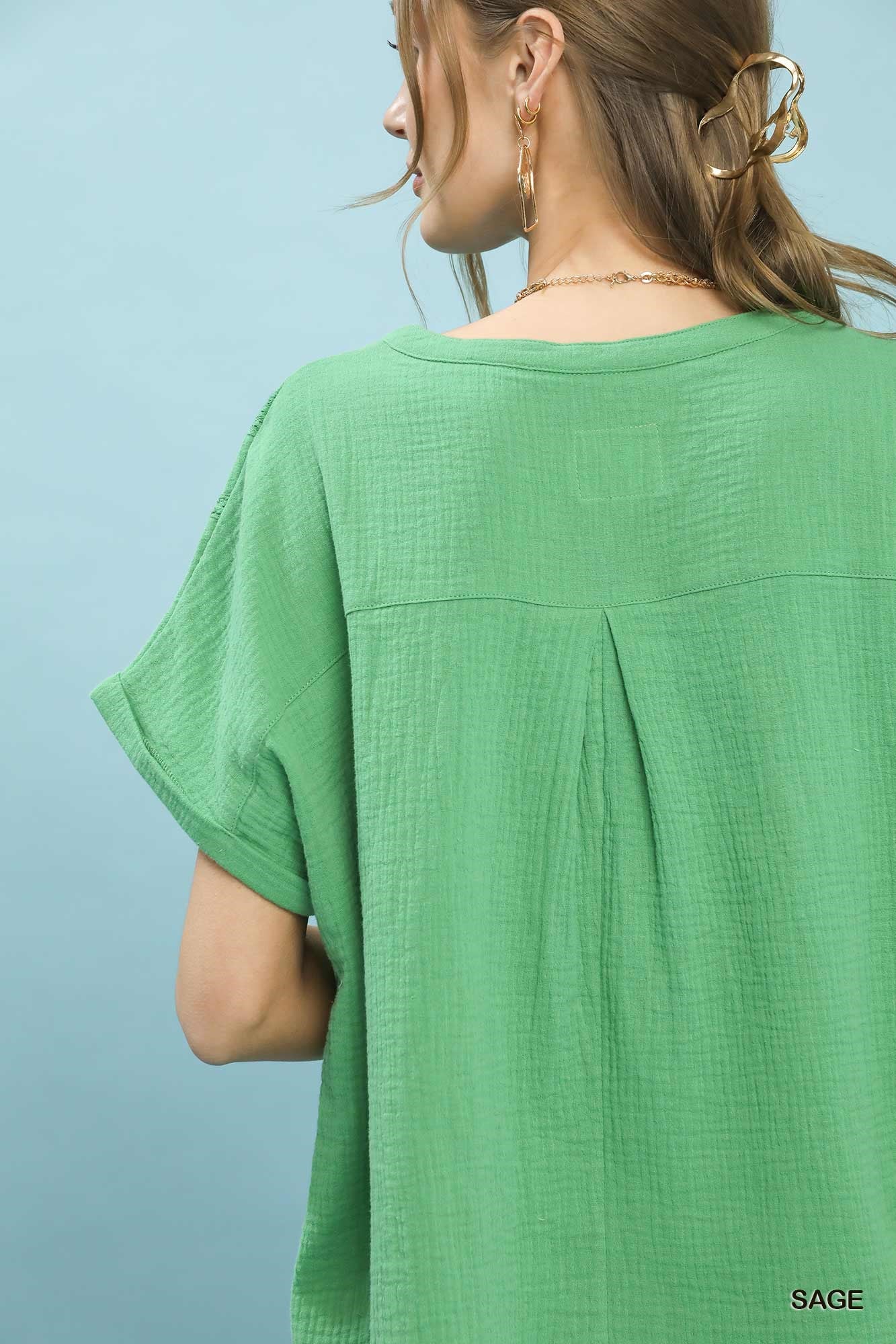 Umgee Textured Gauze Split-Neck Boho Blouse 8f326cb8-498c-4371-857c-1c0d16042a5e-Max