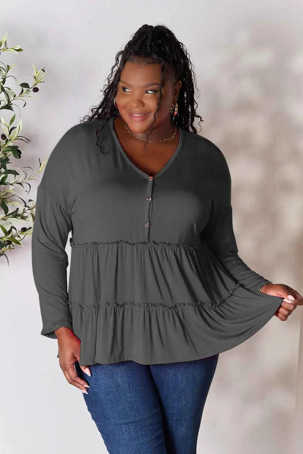 Double Take Half Button Long Sleeve Ruffle Hem Blouse 8f352645cddf4effa6907ab17614b311-Max