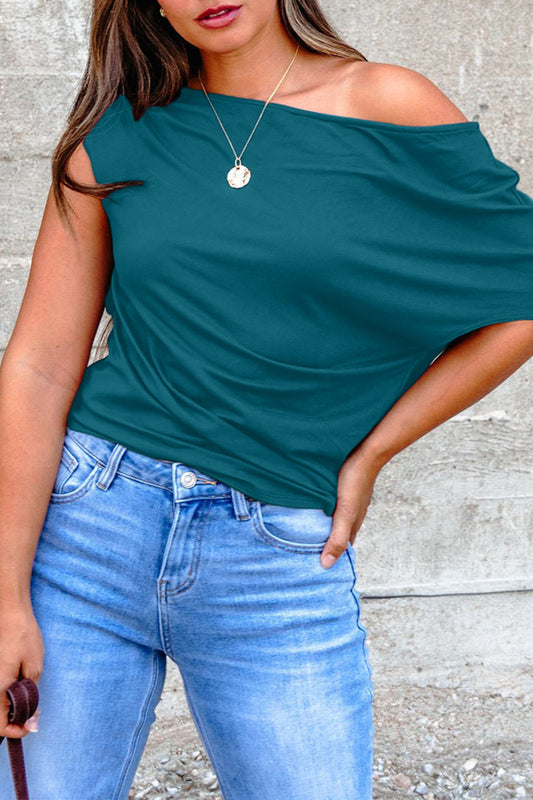 Blue Sapphire Plus Size Solid Color Asymmetric Neck Short Sleeve Blouse Blue Sapphire 62%Polyester+32%Cotton+6%Elastane 8f3d32f7e32de63e
