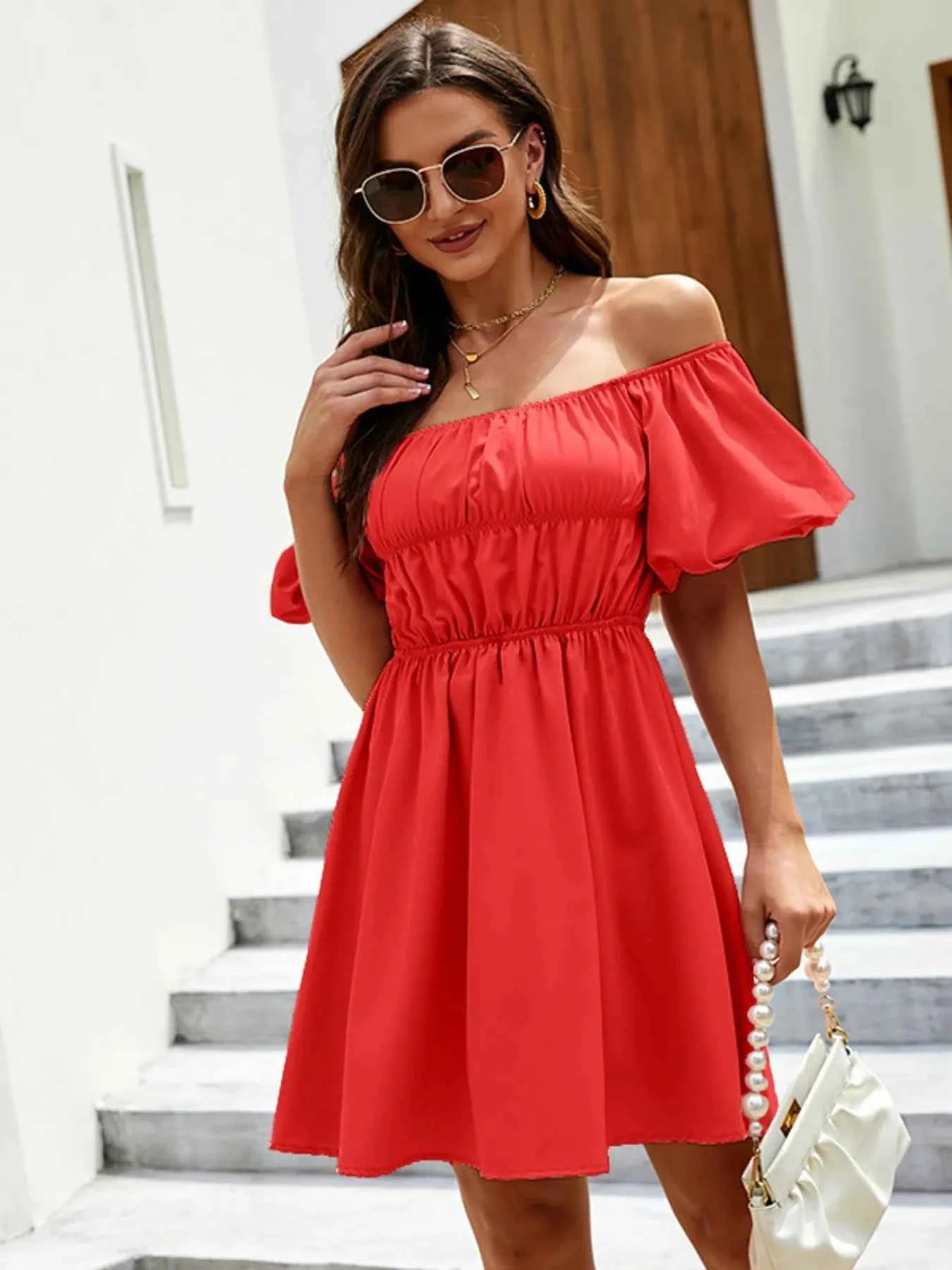 Off-Shoulder Puff Sleeve Mini Dress Deep Red 8f495e35215841cca7475558629b65c2-Max-Origin