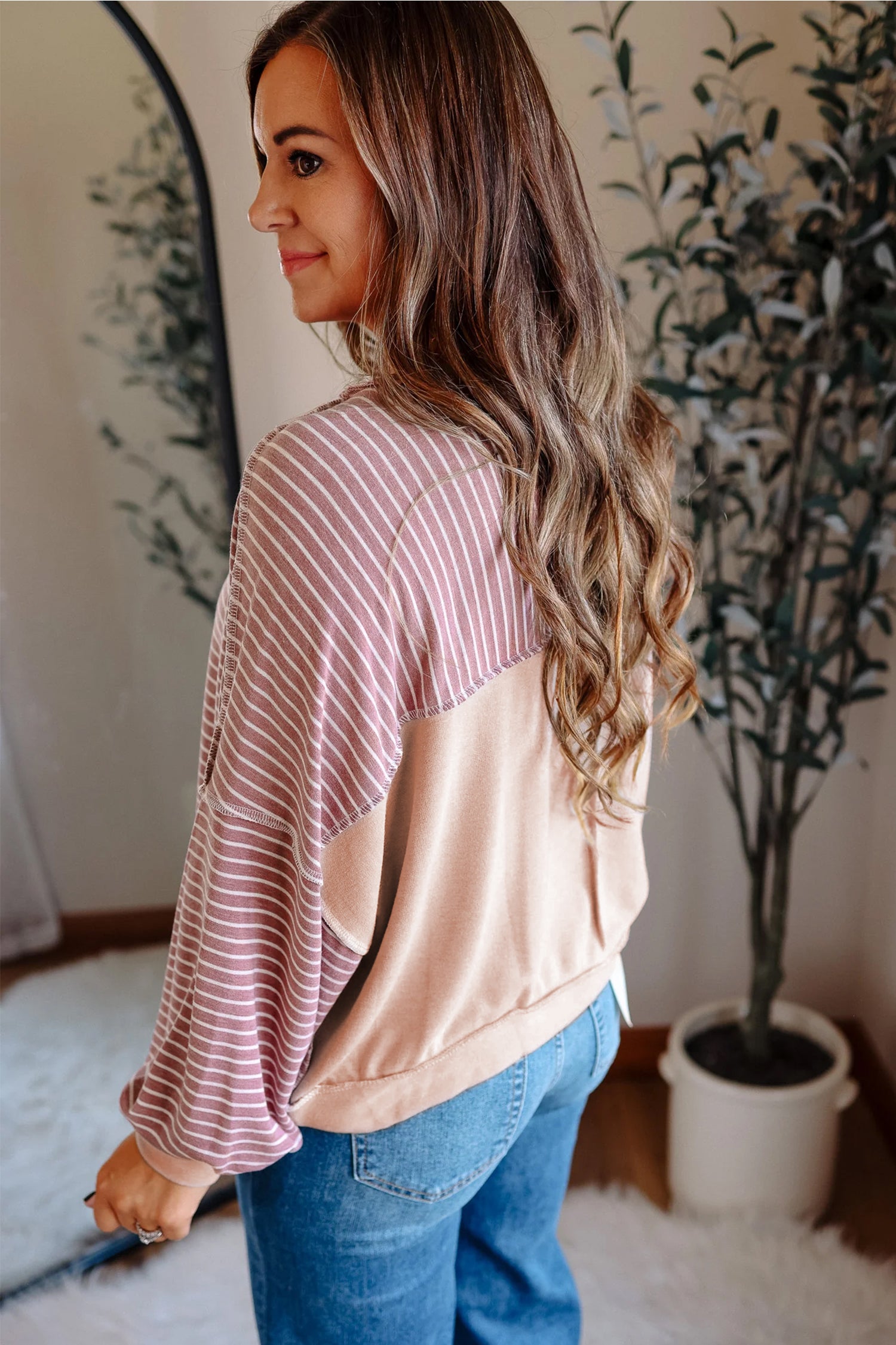 Pink Stripe Exposed Stitching Patchwork Casual Long Sleeve Top 8f536aea07f1f6ac