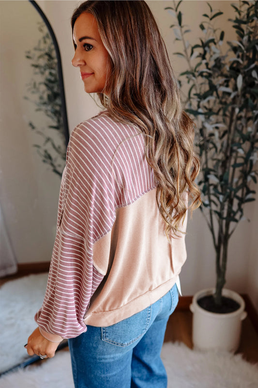 Pink Stripe Exposed Stitching Patchwork Casual Long Sleeve Top 8f536aea07f1f6ac