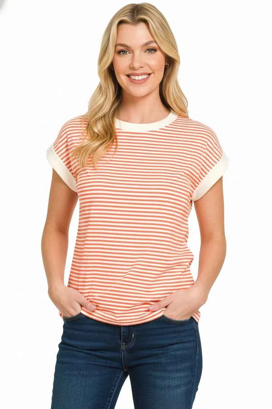 Striped Round Neck Short Sleeve Contrast Trim T-Shirt 8f53af7f-9b07-499f-9dda-2b2732be25cc-Max-Origin