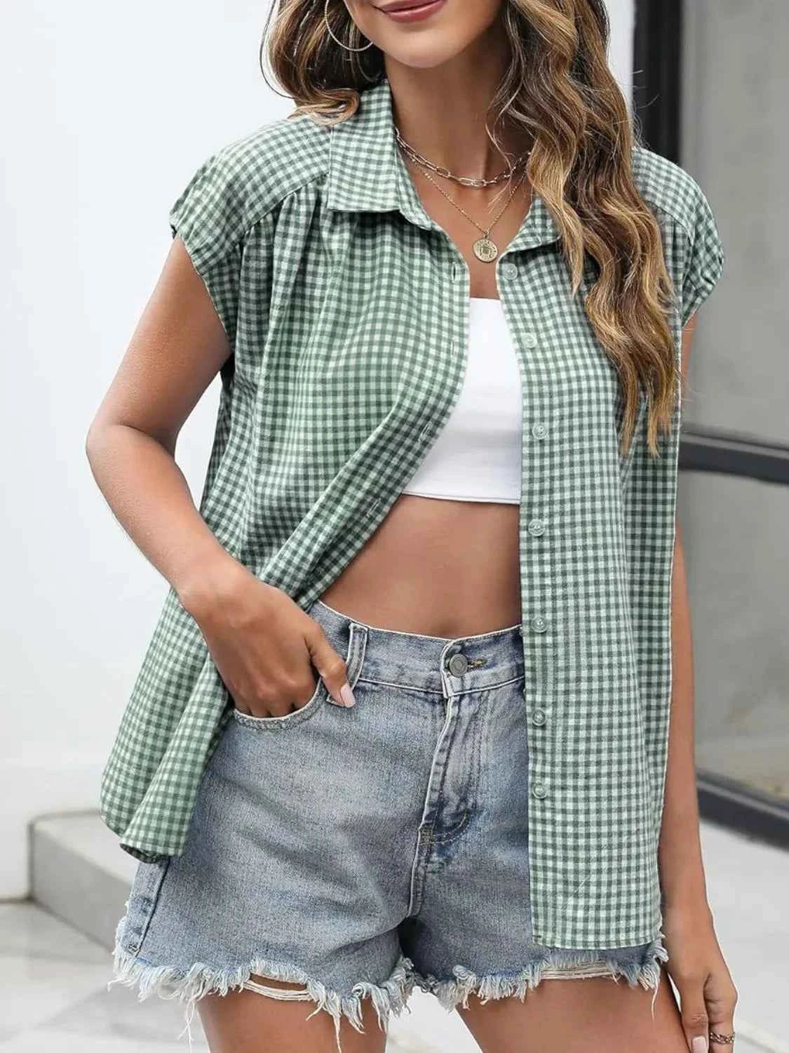 Plaid Button Up Cap Sleeve Shirt 8f550227-6230-4d55-8800-1d6f9cbb43b7-Max-Origin