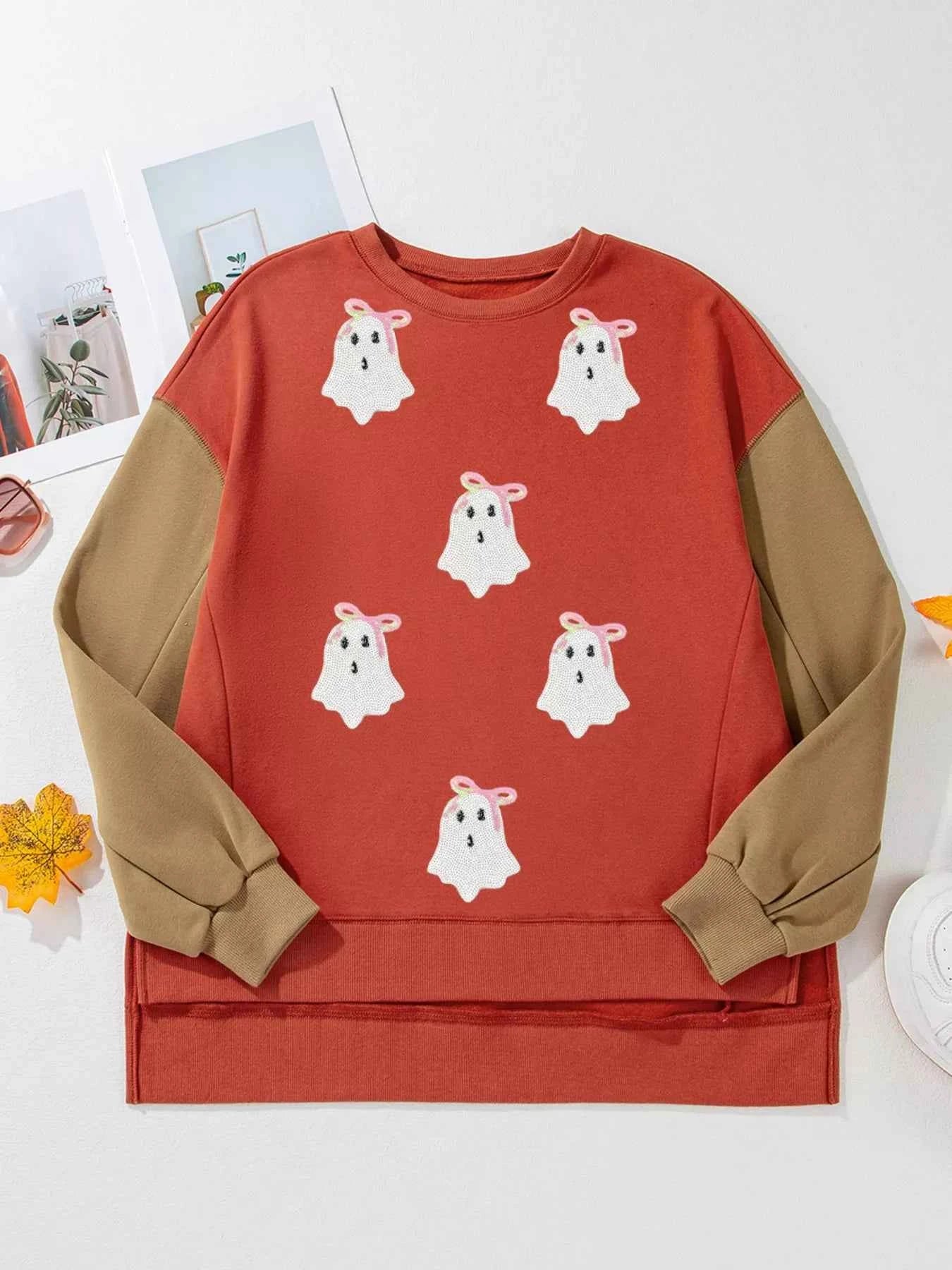 Halloween Glitter Ghost Patched Pattern Color Block Sweatshirt 8f640652495248deb5d41b214a2c707e-Max-Origin