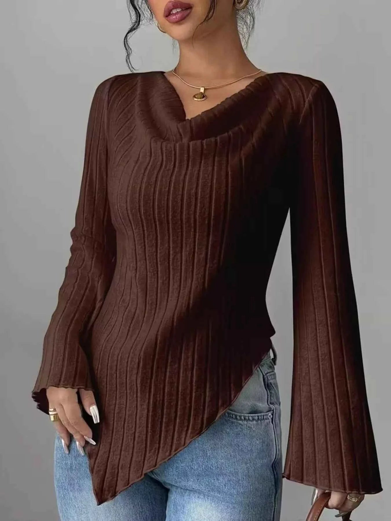 Cowl Neck Ribbed Knit T-Shirt Brown 8f695af66d494f7aa22ca820a095f18e-Max-Origin