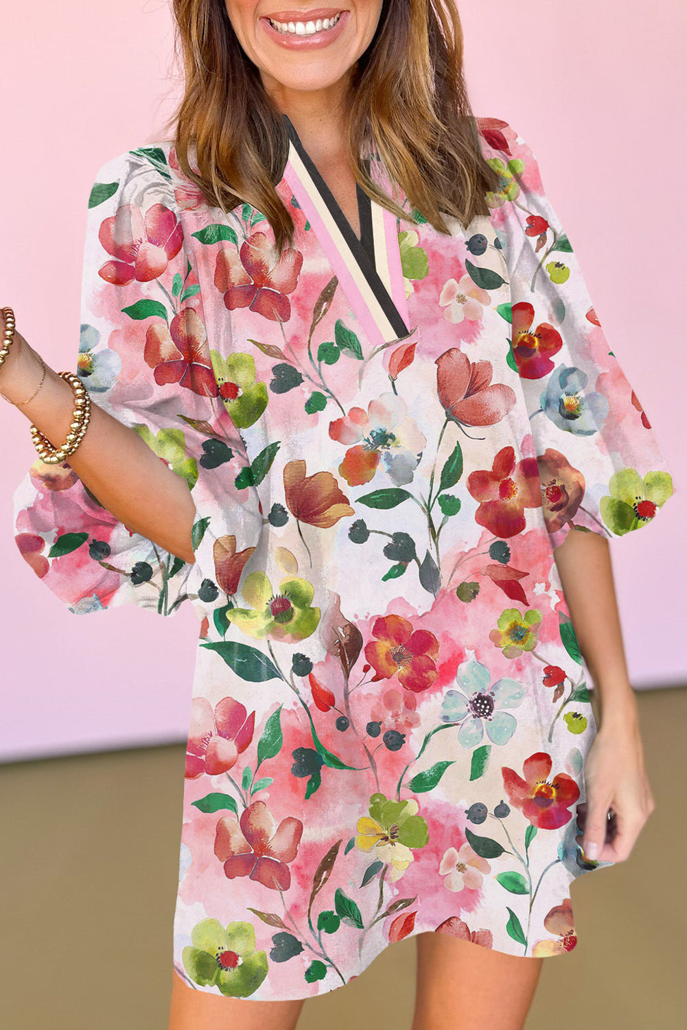 Red Pop of Color V Neck Puff Sleeve Floral Mini Dress Red 100%Polyester 8f6f7f3176fb3d93
