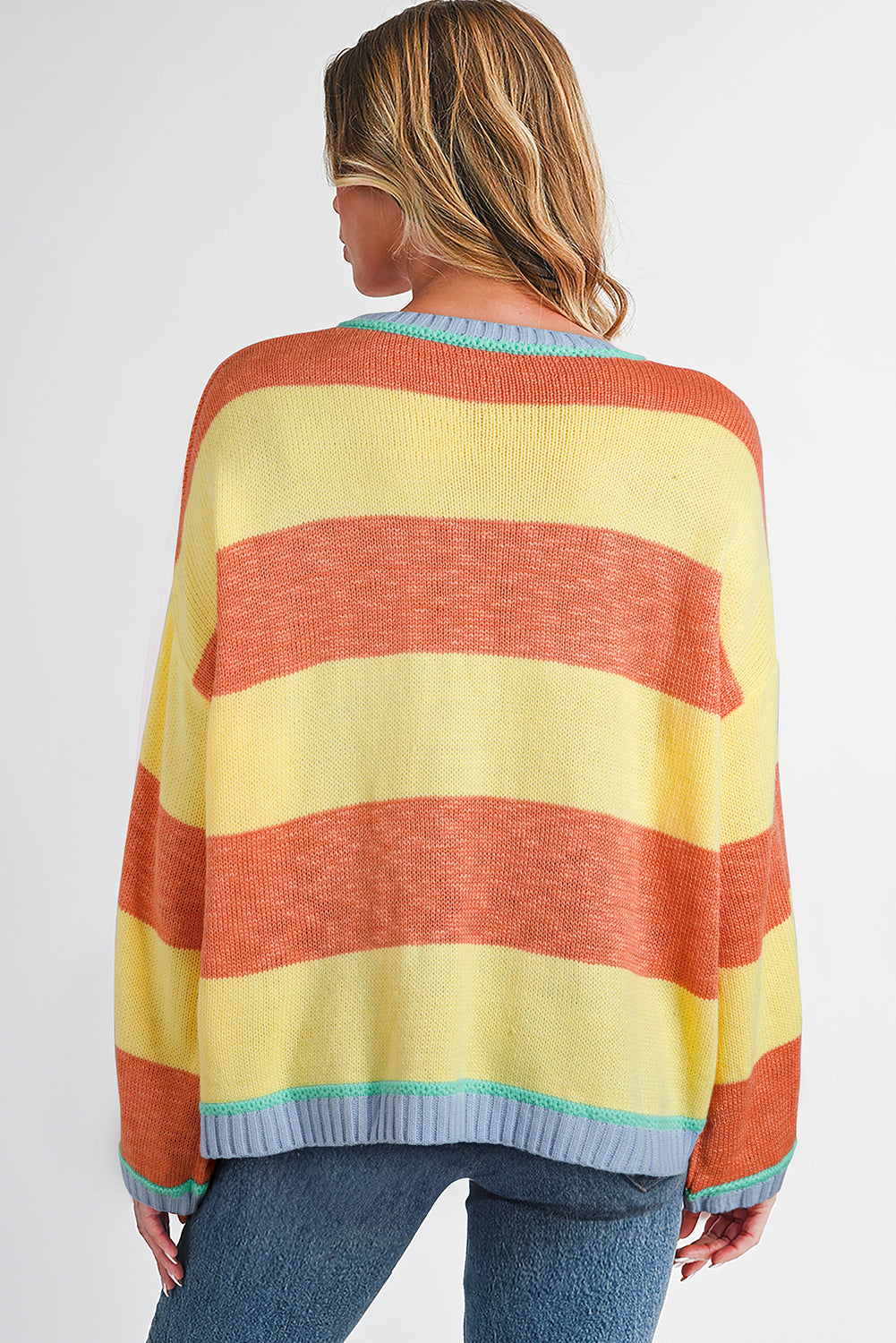 Yellow Stripe Contrasting Trim Round Neck Oversized Sweater 8f71321a9cd64e10