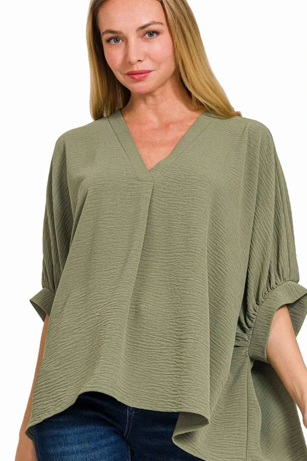 Zenana Woven Airflow V-neck Puff Half Sleeve Top LT OLIVE 8f754f9f-dfe3-4193-80d3-8a464adca2bc-Max-Origin