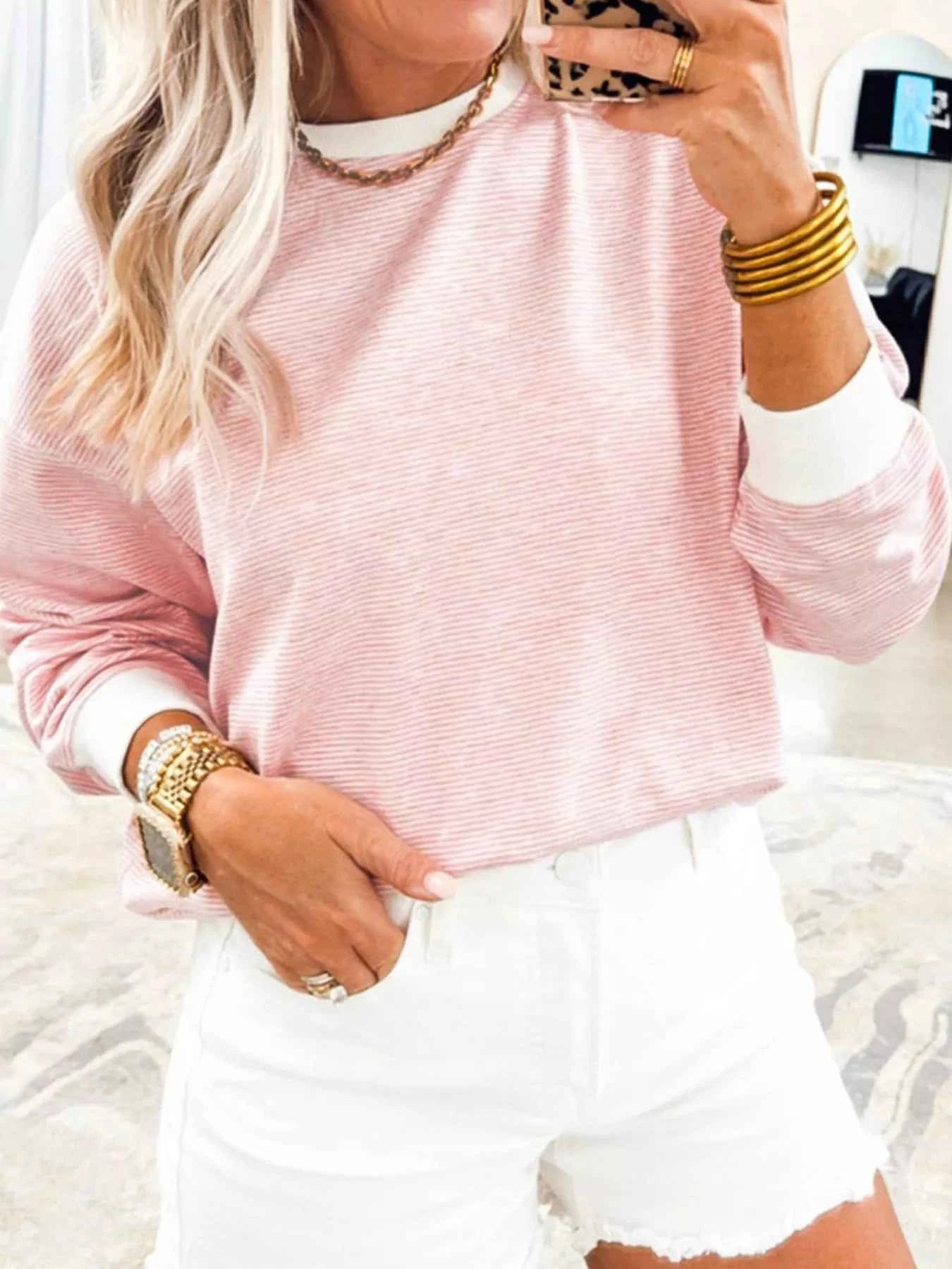 Stripe Contrast Edge Patchwork Long Sleeve Top Blush Pink 8f7916a94c5248f2842ec0203fe32363-Max-Origin