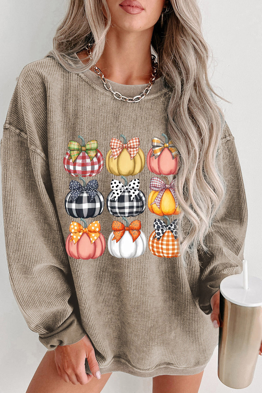 Khaki Trendy Textured Bow Pumpkin Heat Transfer Printing Graphic Baggy Sweatshirt 8f7979ac56534221