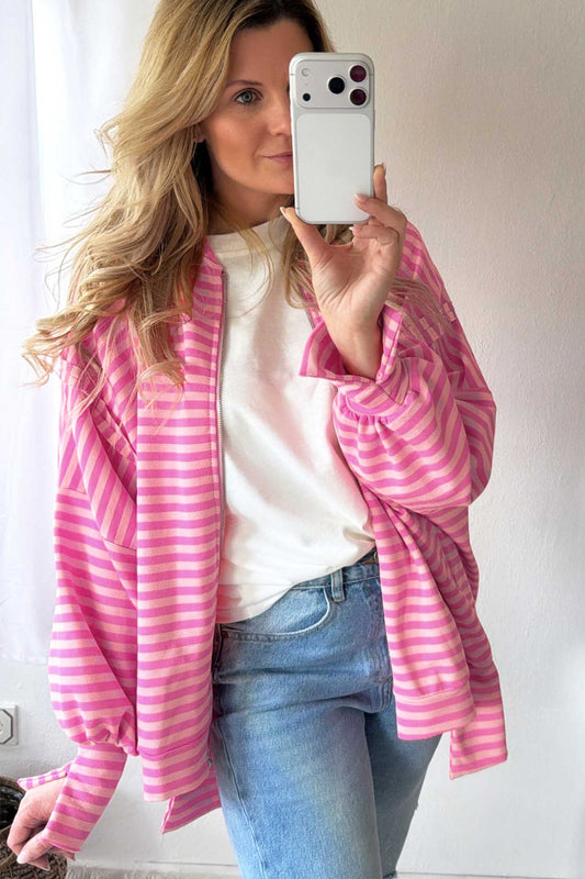 Pink Stripe Zip-up Puff Sleeve Zip Jacket Sweatshirt 8f7be2f94a94ad6a