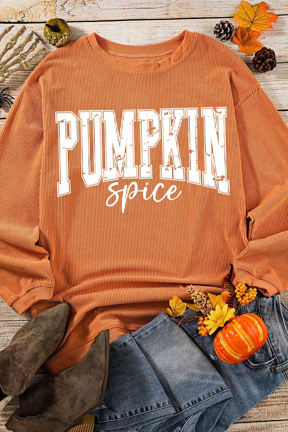 Orange Crinkle Ribbed PUMPKIN Spice Graphic Crewneck Sweatshirt Orange-3 100%Polyester 8f7cb958b039f12a