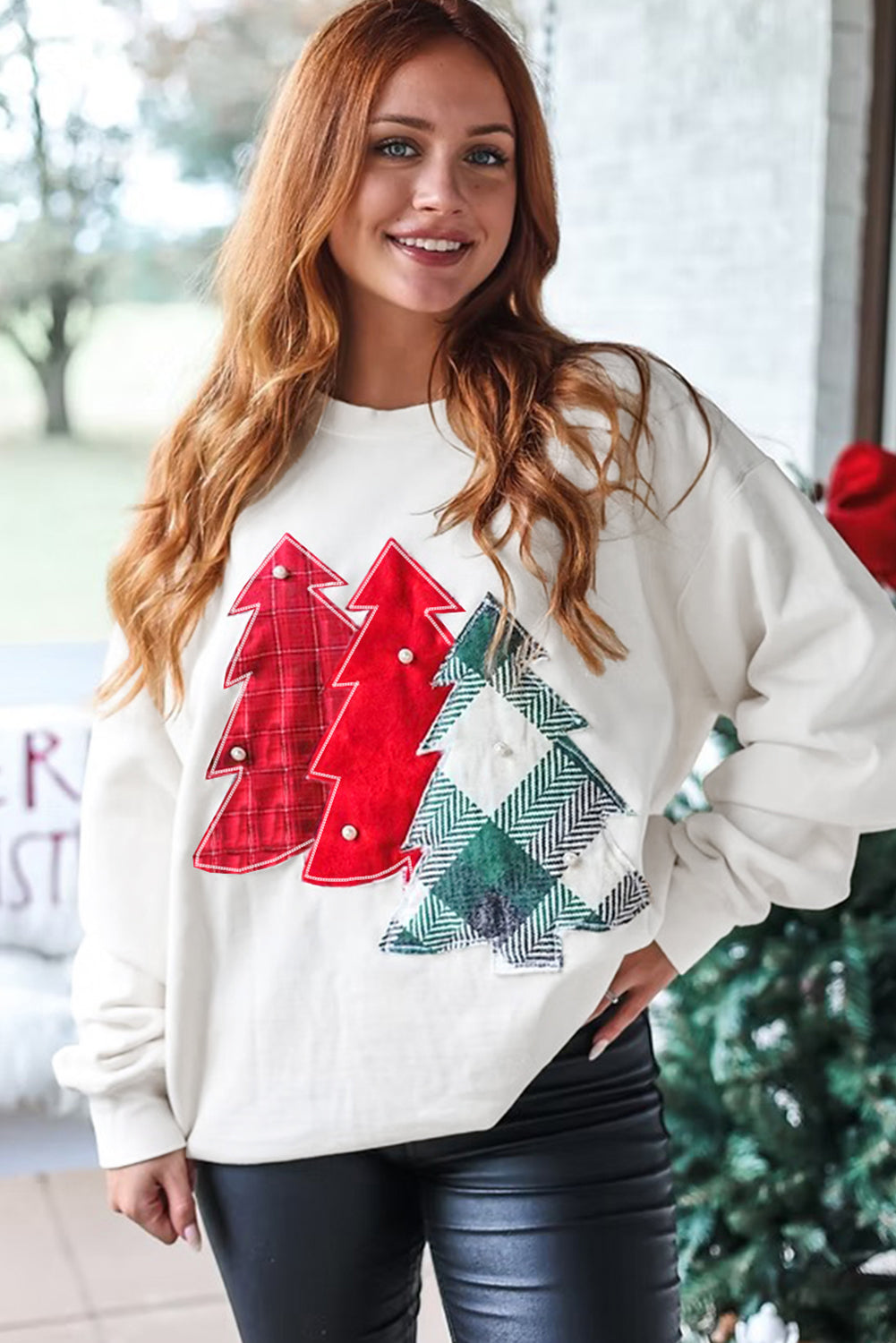 White Pearl Plaid Christmas Tree Patched Drop Shoulder Sweatshirt 8f7dcaaaa6897387