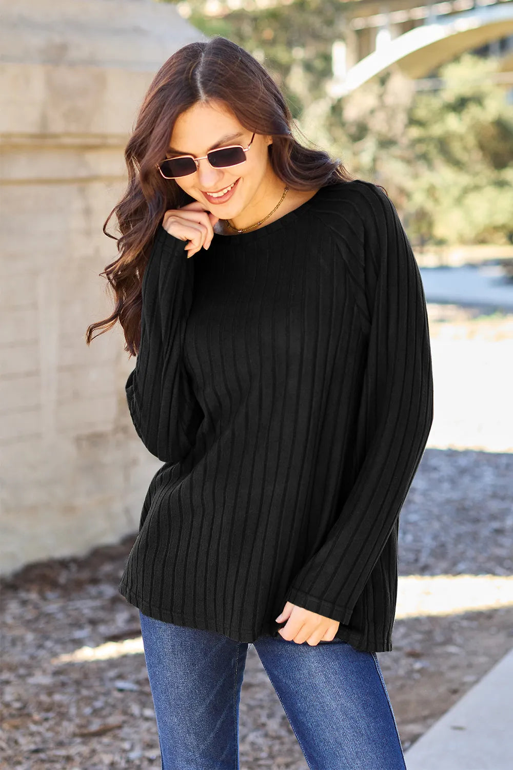 Basic Bae Full Size Ribbed Round Neck Long Sleeve Knit Top Black 8f80996114dc4543958dd22fc824c210-Max