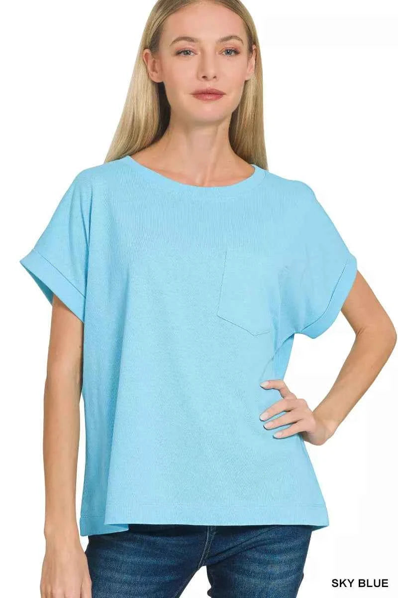 Zenana Cuffed Front Pocket Short Sleeve Tee SKY BLUE 8f80a67a8f424f7bbd3a60538a70a3da-Max-Origin