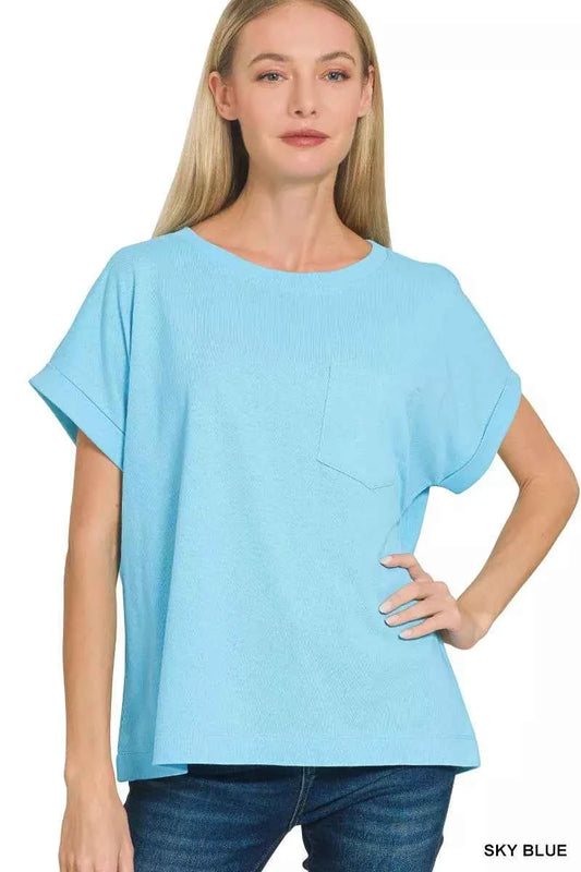 Zenana Cuffed Front Pocket Short Sleeve Tee SKY BLUE 8f80a67a8f424f7bbd3a60538a70a3da-Max-Origin
