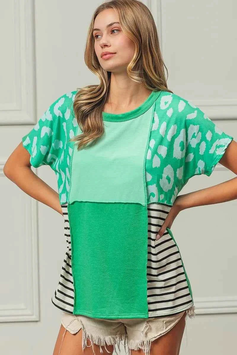 BiBi Leopard and Stripe Color Block Top With Exposed Seam MINT COMBO 8f819b8dbcb245b9b00b2877a204aeef-Max-Origin
