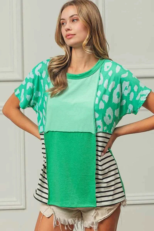 BiBi Leopard and Stripe Color Block Top With Exposed Seam MINT COMBO 8f819b8dbcb245b9b00b2877a204aeef-Max-Origin
