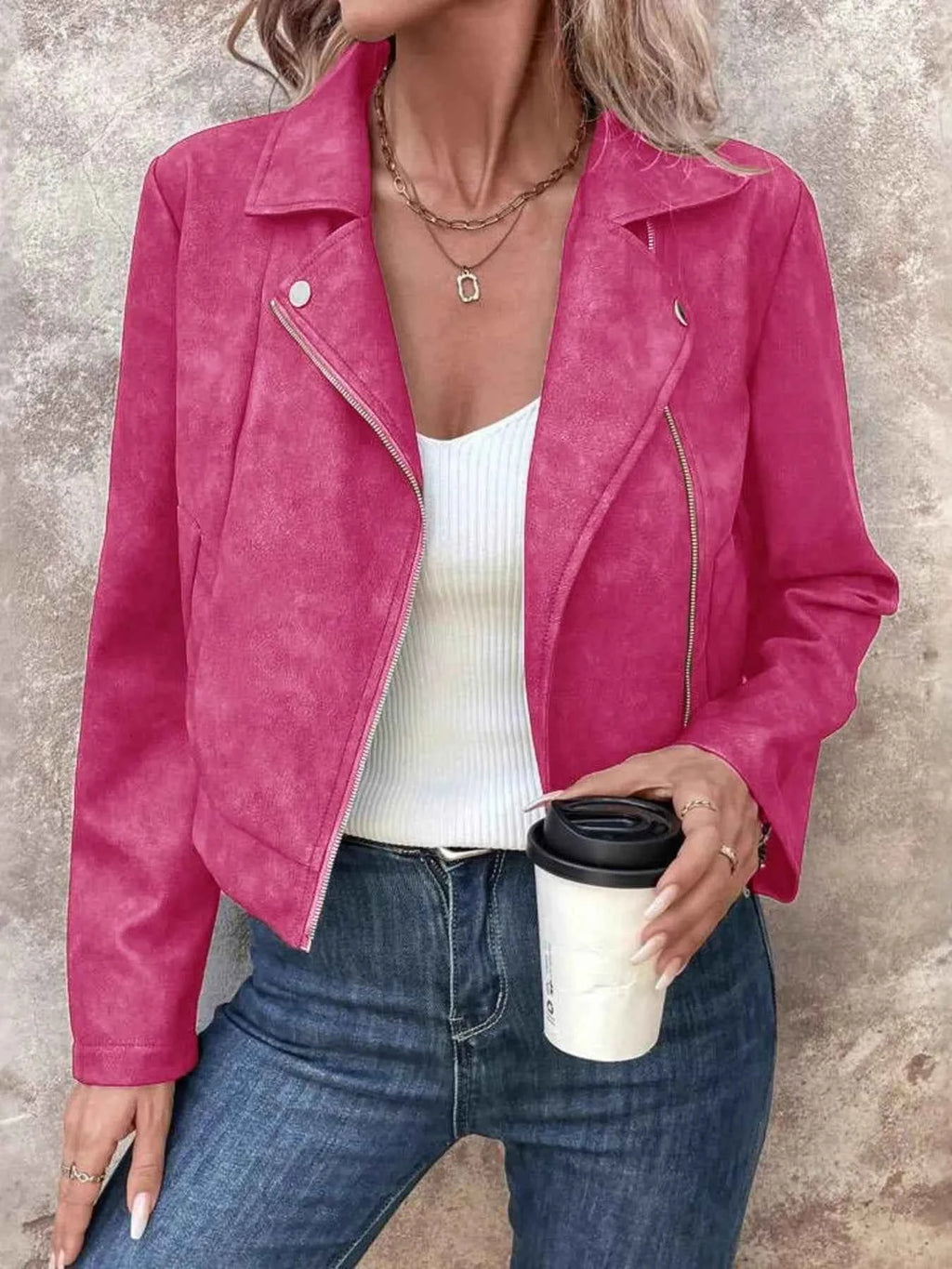 Zip Up Suede Cropped Moto Jacket Hot Pink 8f85d631b224445794573b0351494b6b-Max-Origin