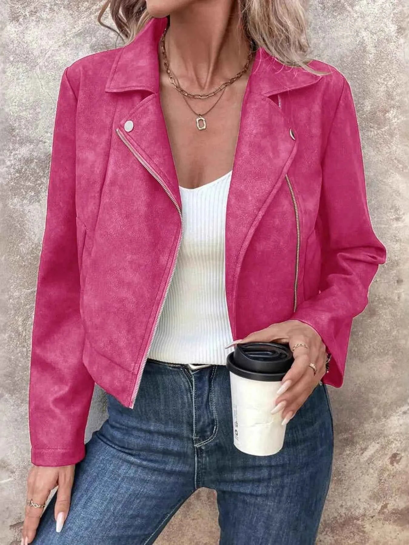 Zip Up Suede Cropped Moto Jacket