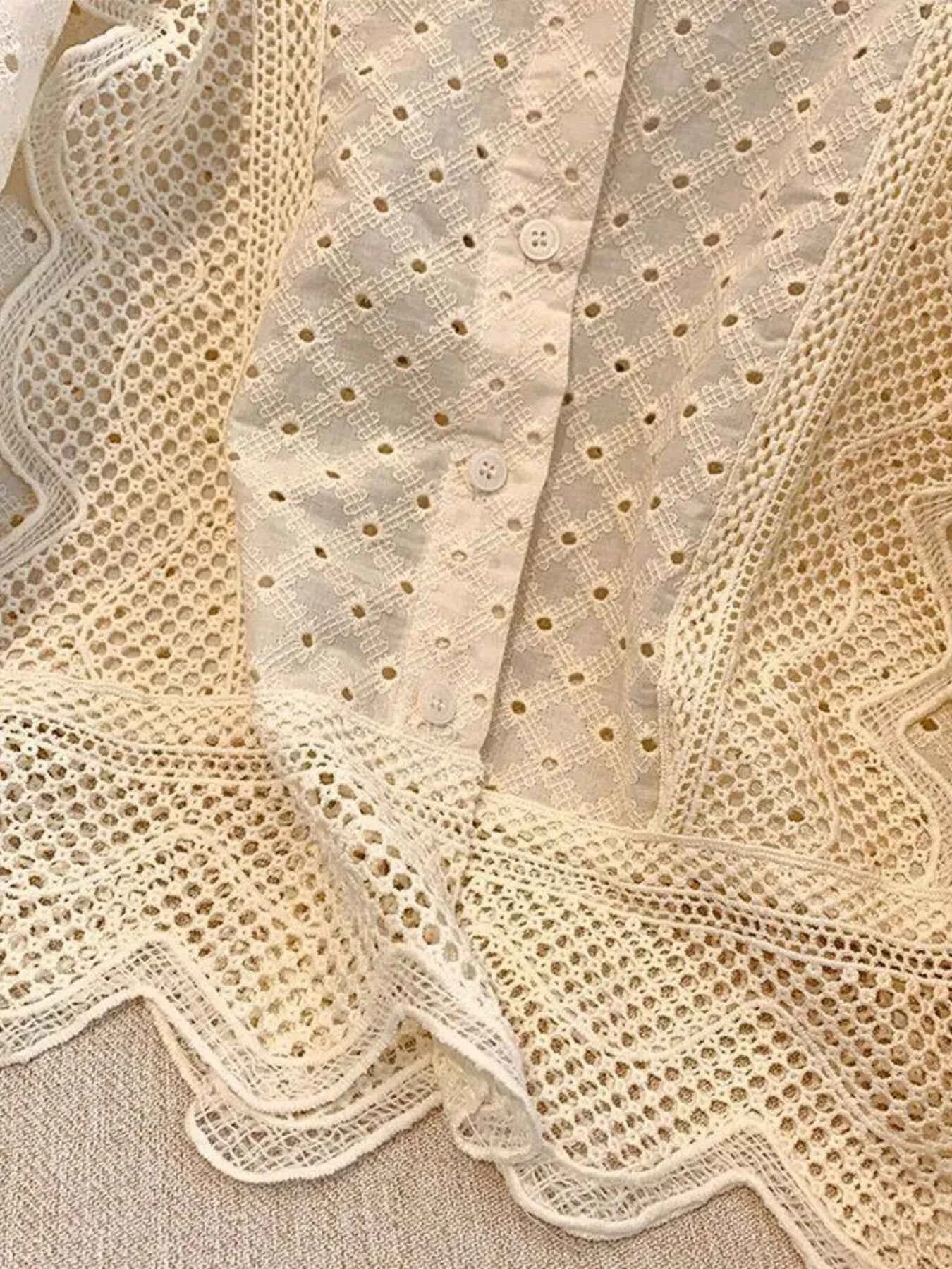 Eyelet Button-Up Shirt with Scalloped Hem 8f8b4733be984c3ea5ef7c91015252ee-Max-Origin