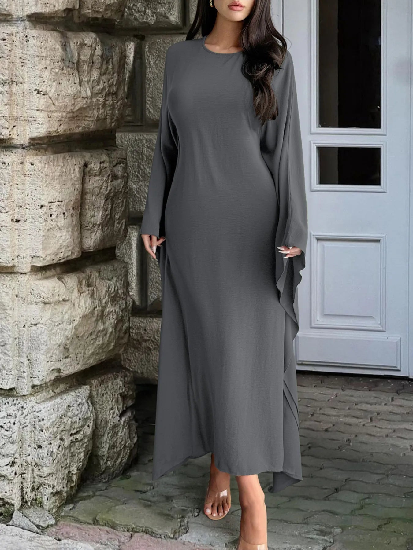 Round Neck Maxi Dress with Flowing Cape Sleeves Gray 8f8c276bc9484acf8d6eecdddc3c4c17-Max-Origin