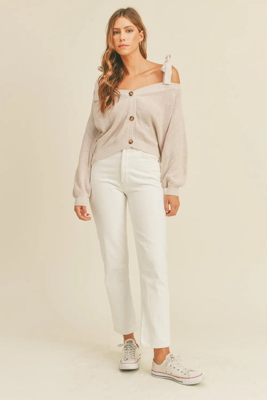 Off Shoulder Self Tie Strap Button Down Sweater 8f8f2a2f-fc39-4427-ac35-83474a401969-Max