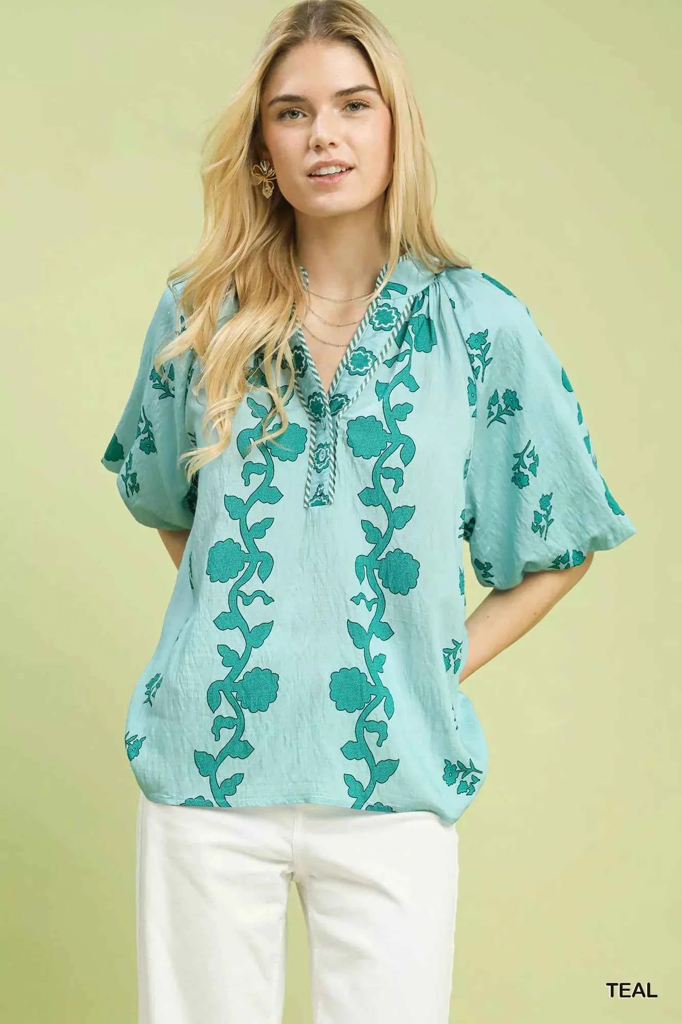 Umgee Collared Floral Print Top TEAL 8f939b87-07dd-4a44-b40e-7a4930bda44e-Max-Origin