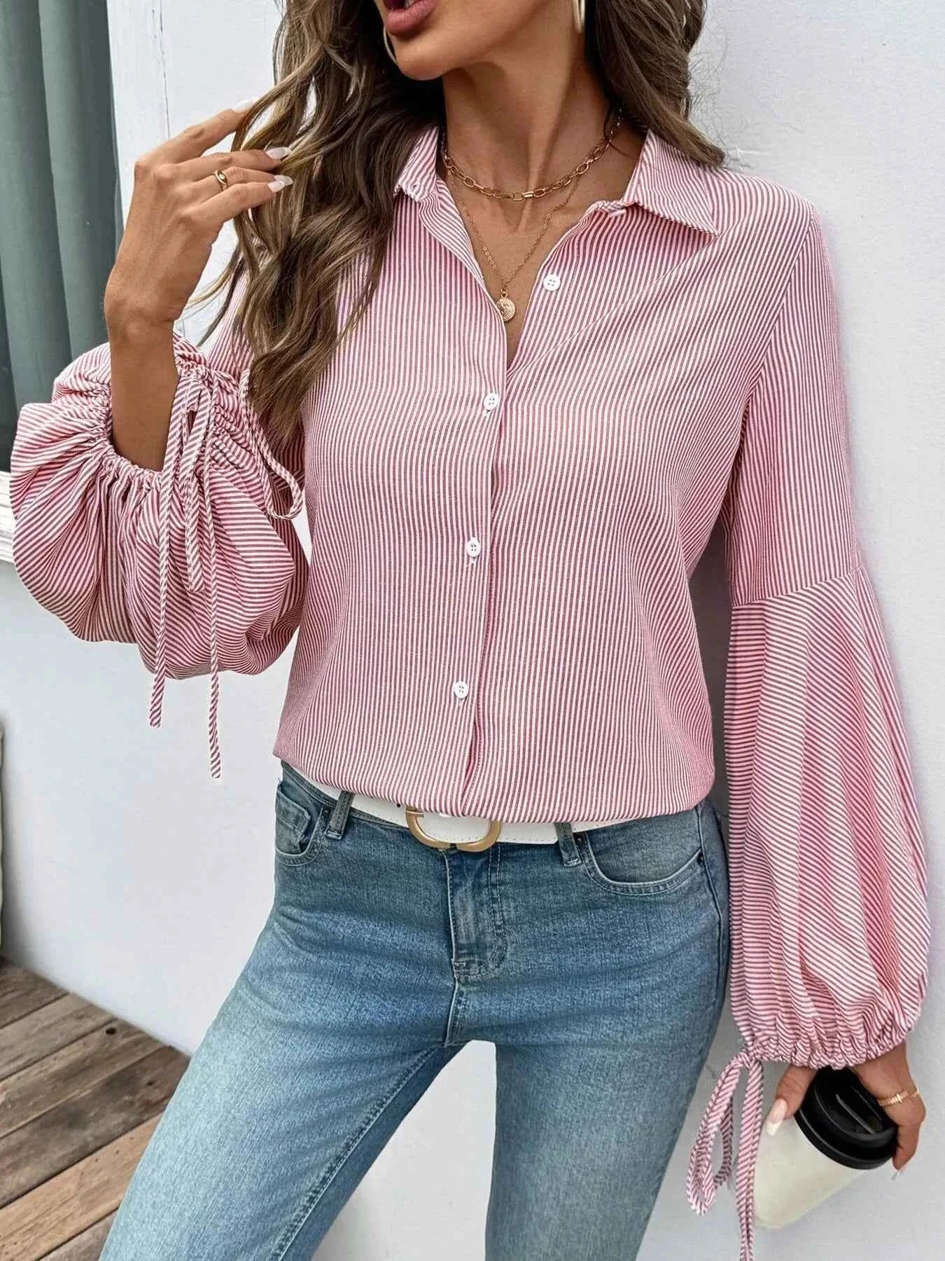 Striped Balloon Sleeve Button-Up Shirt Red 8f968faa72454a24bd34d39131e29bba-Max-Origin