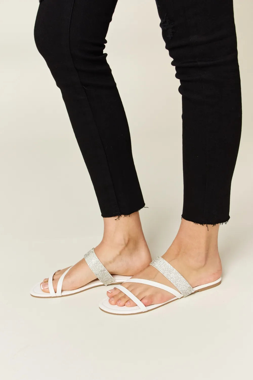 WILD DIVA Rhinestone Strappy Flat Sandals White 8f993499-2fad-4ef9-b1c7-fbd0788aacd5-Max