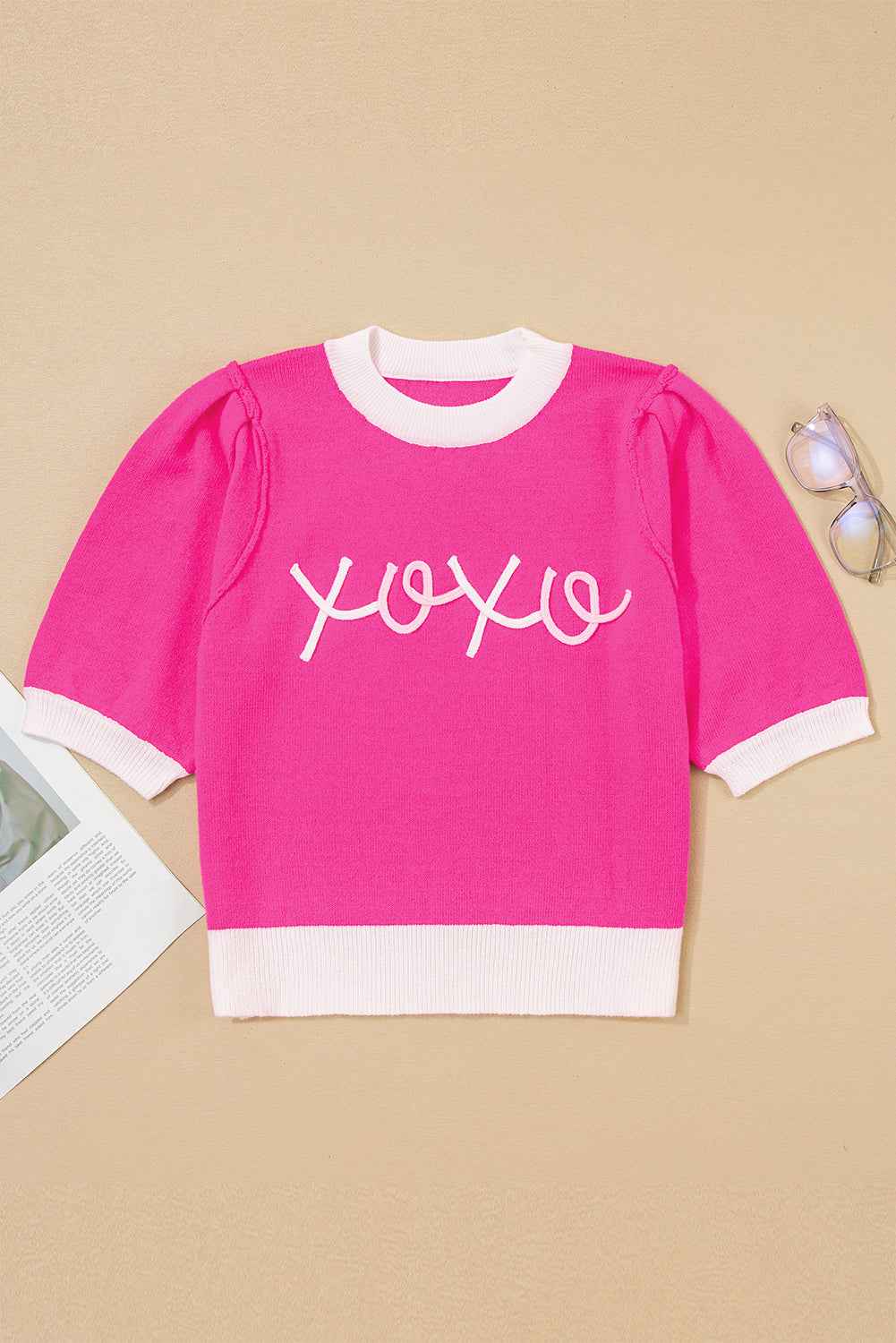 Bright Pink XOXO Embroidered Graphic Valentines Contrast Trim Crew Neck Short Puff Sleeve Sweater Tee 8fa26e3d2c837dfc