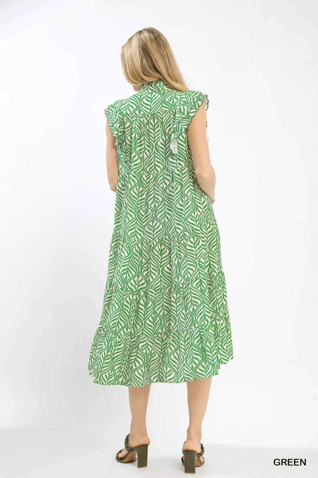 Umgee Leaf Print Tiered Midi Dress with Ruffle Detail 8fa81720-ad35-4cd0-a887-f7b41bb06a3a-Max-Origin