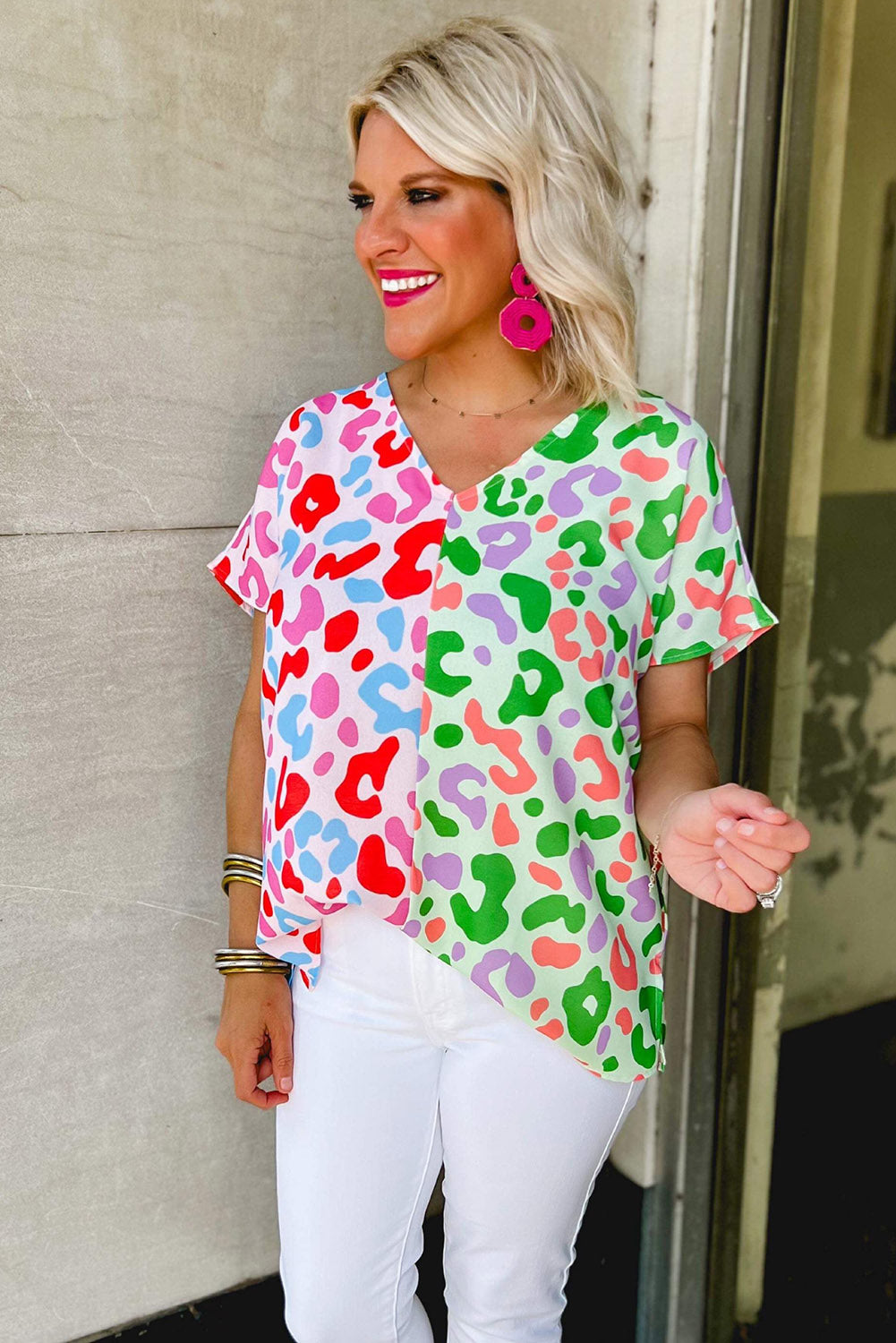 Green Leopard Print Patchwork V Neck Short Sleeve Blouse 8fa90ca07a6a73f5