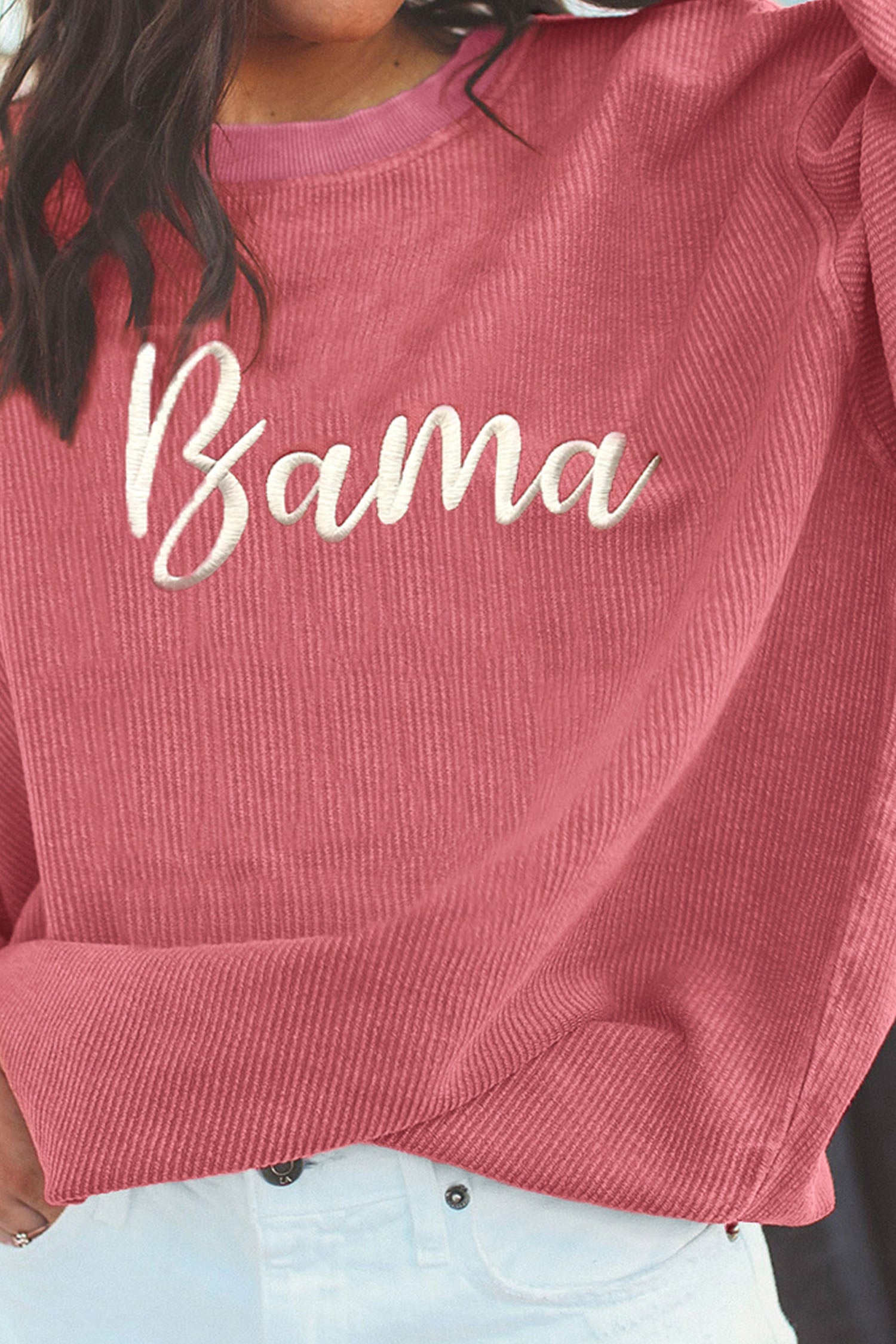 Strawberry Pink Corded Ribbed Bama Embroidered Letter Graphic Sweatshirt 8fadfaabe1529788