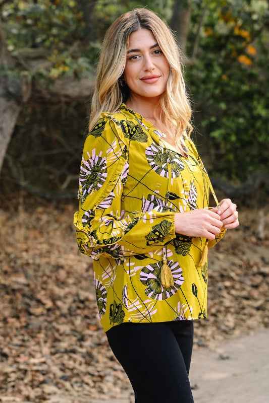 Floral V-Neck Ruffle Trim Long Sleeve Blouse 8fb0e5e9-377a-4eaa-9d26-685b7e2b225a