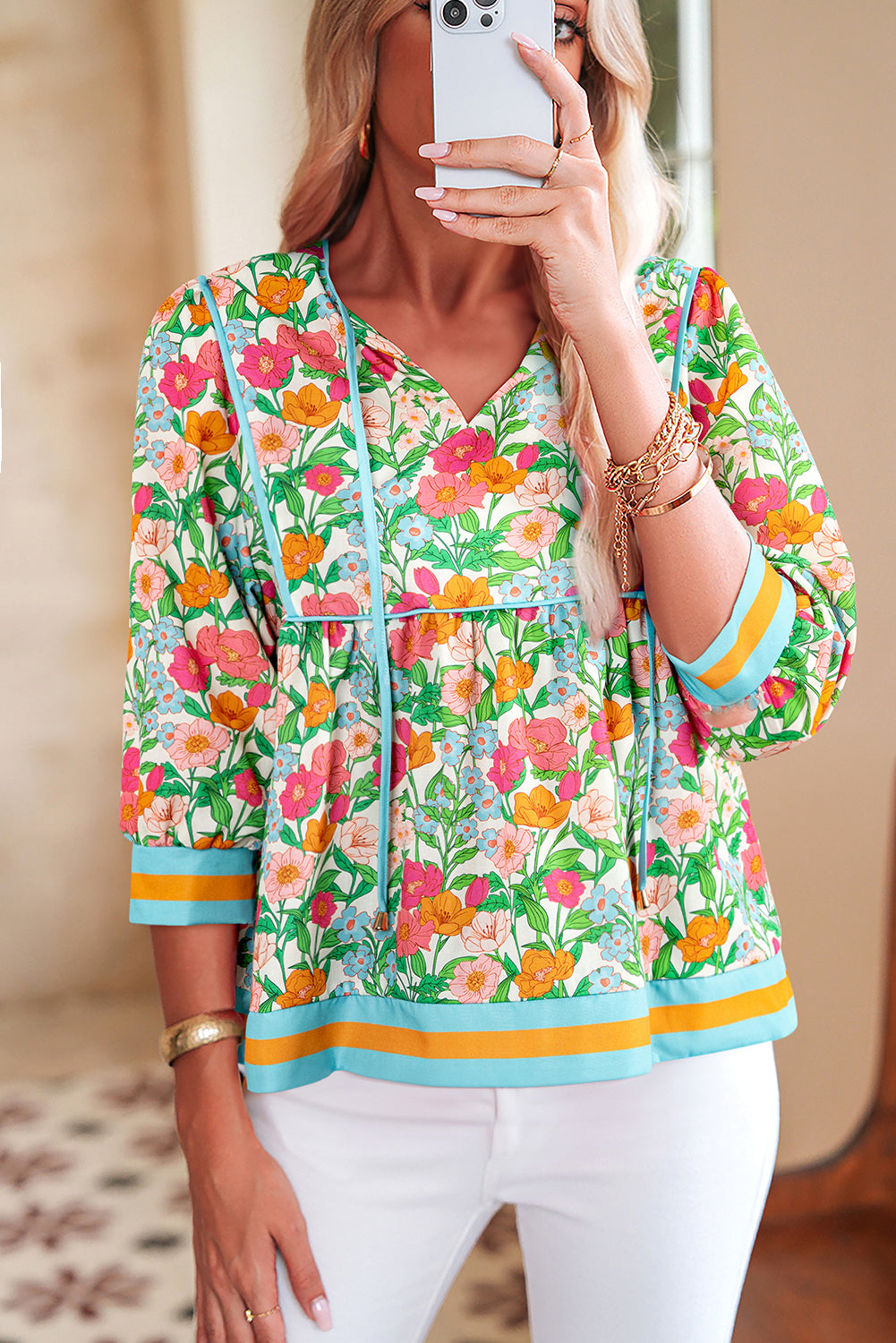 Green Floral Print Striped Trim Puff Sleeve Babydoll Blouse 8fb8a06a5e3ba315
