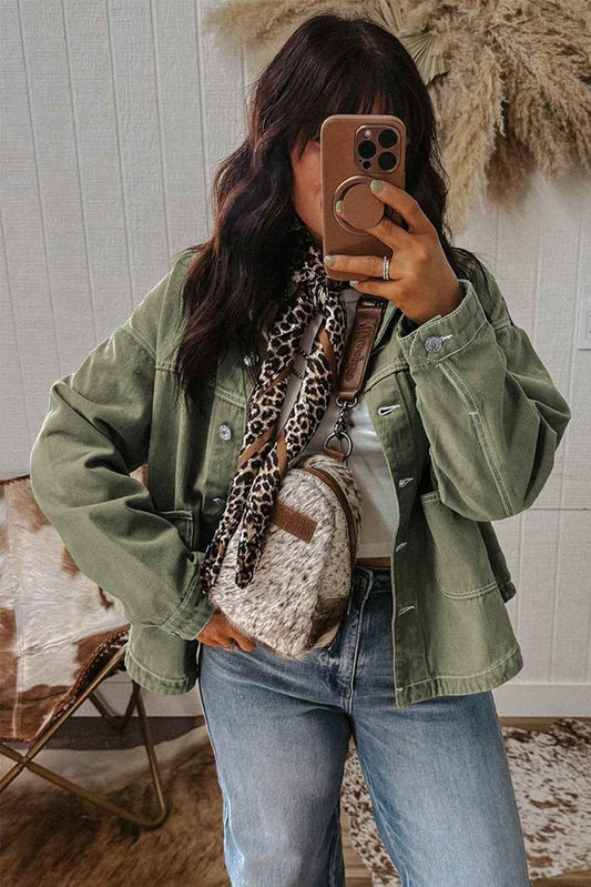 Smoke Green Pocket Collared Button Front Denim Jacket 8fbd33b1a4abd782