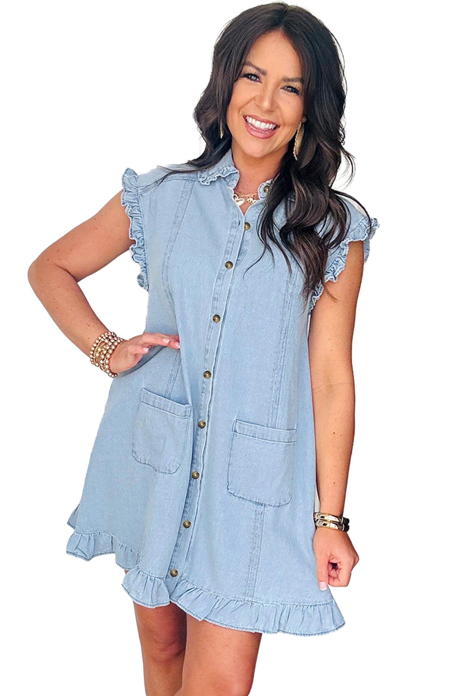 Beau Blue Ruffled Edge Collared Shift Denim Dress with Pockets 8fc337a408d26eb6