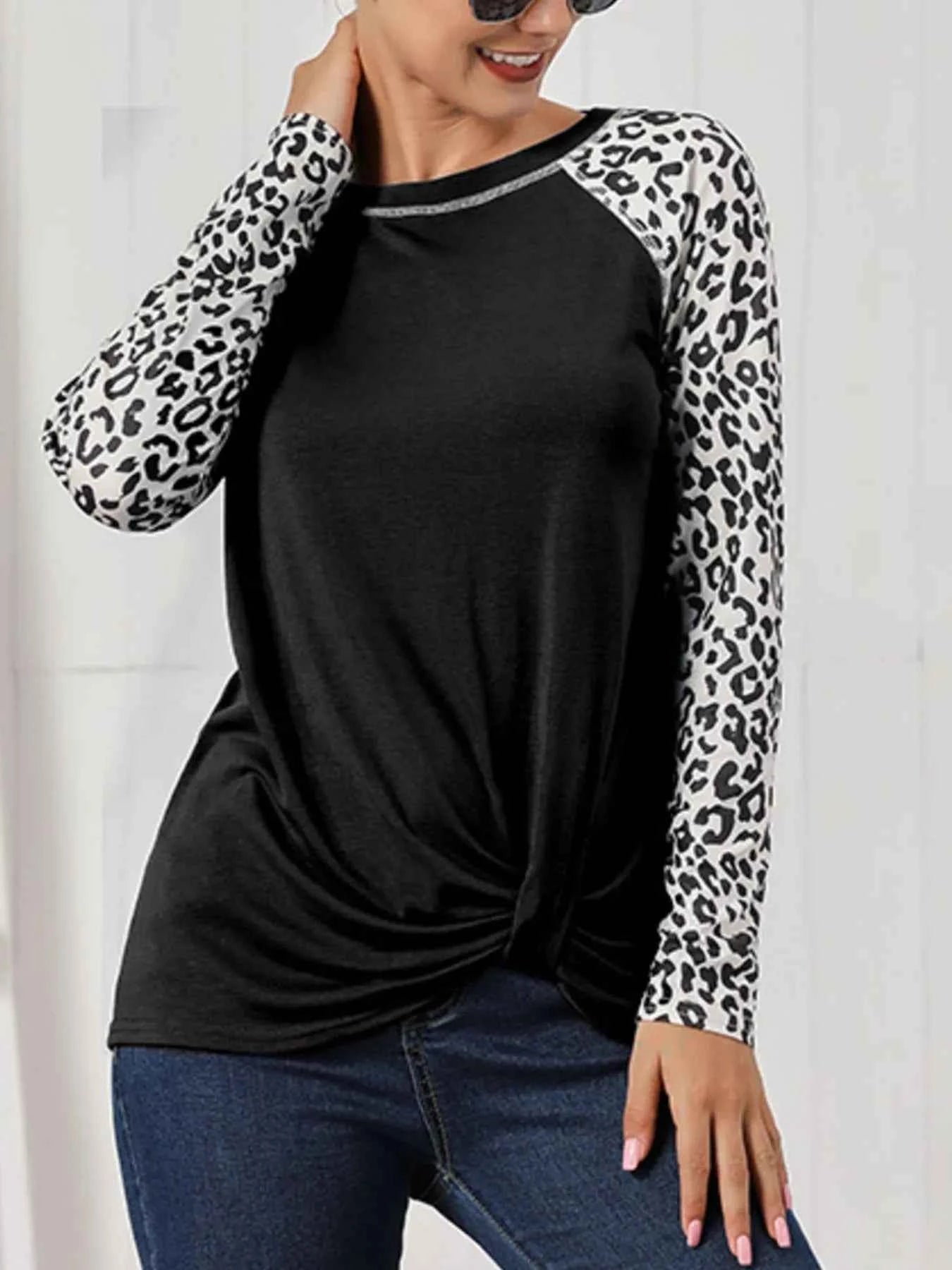 Leopard Print Raglan Sleeve Twist Hem T-Shirt
