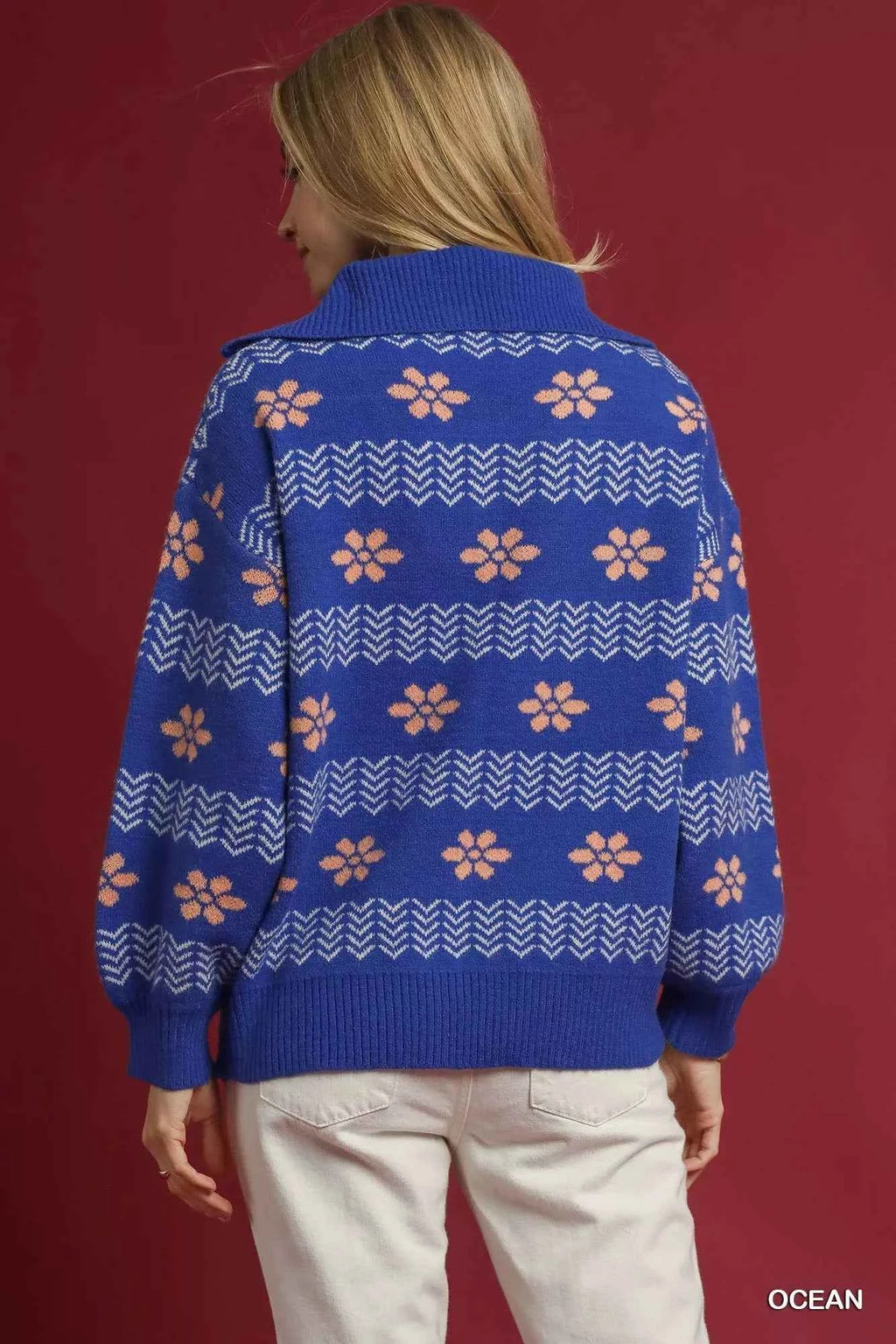 Umgee Floral Patterned Jacquard Quarter-Zip Pullover Sweater 8fcaced1-9ce2-42e1-b364-401ac894bff8-Max-Origin