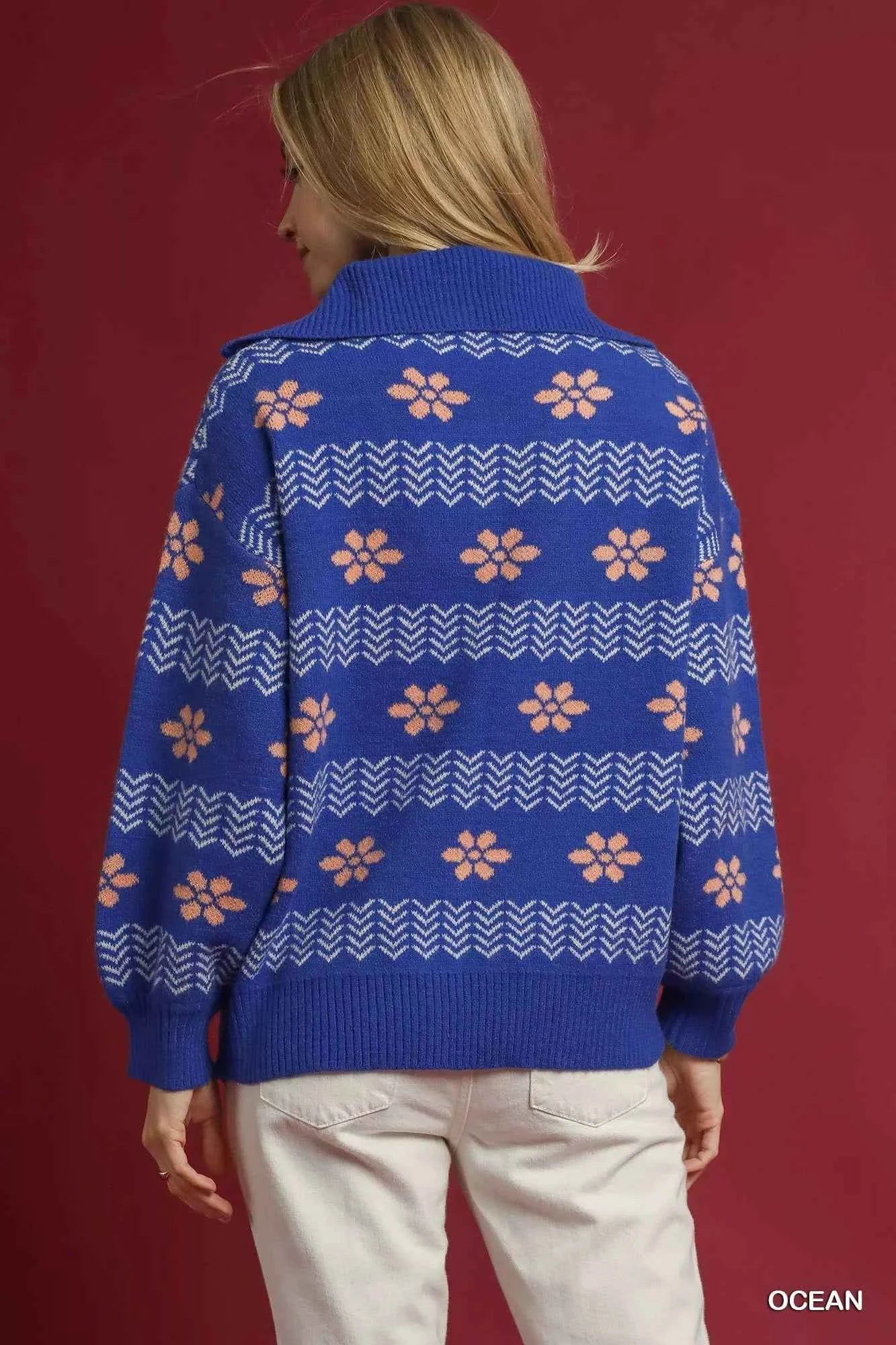Umgee Floral Patterned Jacquard Quarter-Zip Pullover Sweater 8fcaced1-9ce2-42e1-b364-401ac894bff8-Max-Origin